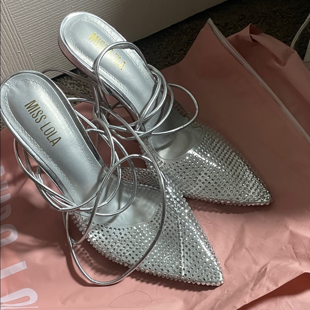 Miss Lola Metallic Silver Embellished Heels